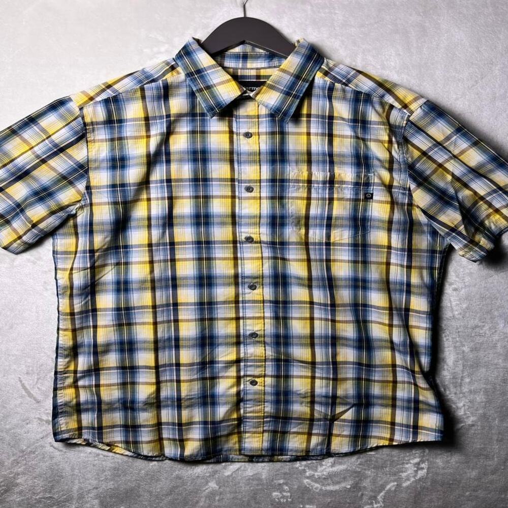 Marmot Performance Button Up Shirt Men's L Blue Yellow Camp Hiking Outdoors GORP